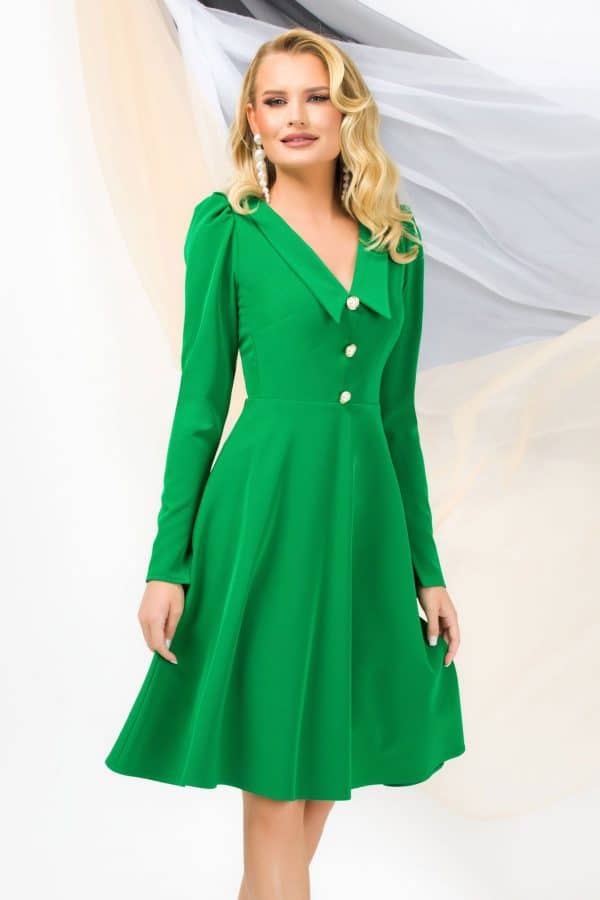 rochie de ocazie pretty girl verde in clos cu guler ascutit 72701