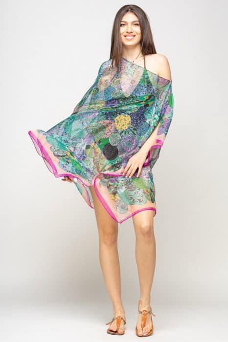 rochie de plaja tip poncho de plaja cu mandale multicolore si margine mov cu roz matase si vascoza 387504