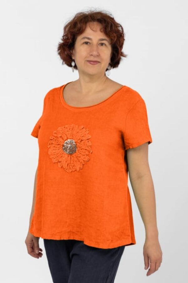 bluza din in portocalie cu floare si paiete fine pe piept 528744 jpg