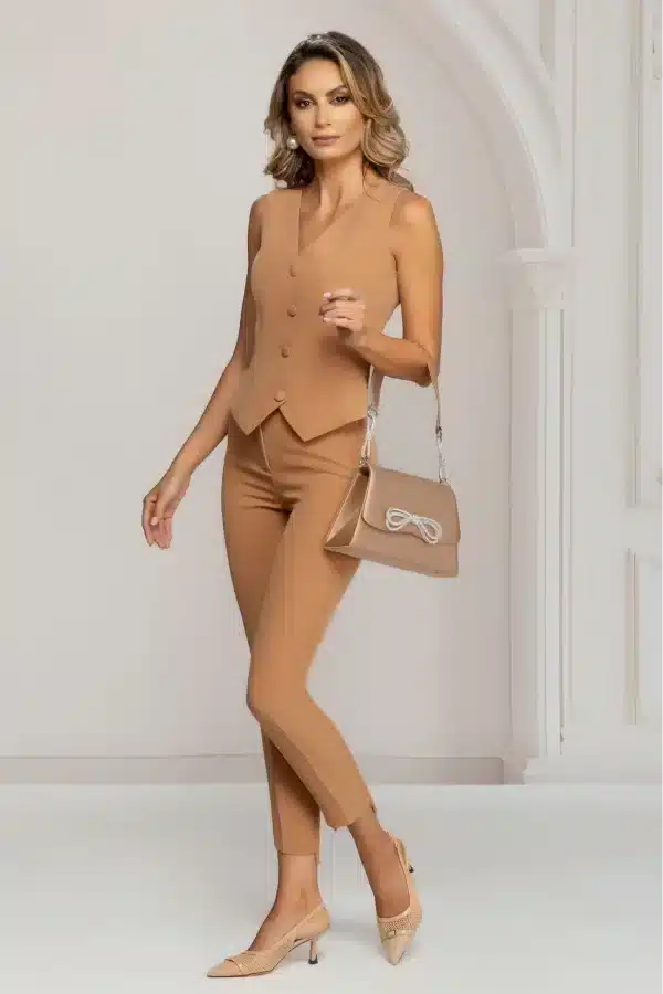 pantaloni dama office bej conici cu tiv asimetric 86314 webp