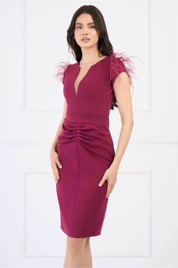 rochie ella collection any eleganta din stofa magenta cu pene la umeri fronseuri in fata 1336202 1083935 4 jpeg