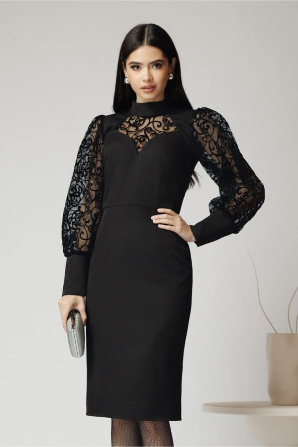 rochie ella collection kira eleganta din stofa neagra cu detalii catifelate pe maneci 1347179 1093151 4 jpeg