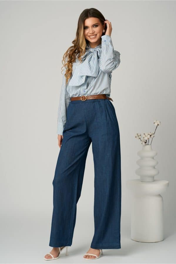 pantaloni smart casual din denim albastri cu buzunare si curea in talie 1355504 1098107 4 jpeg