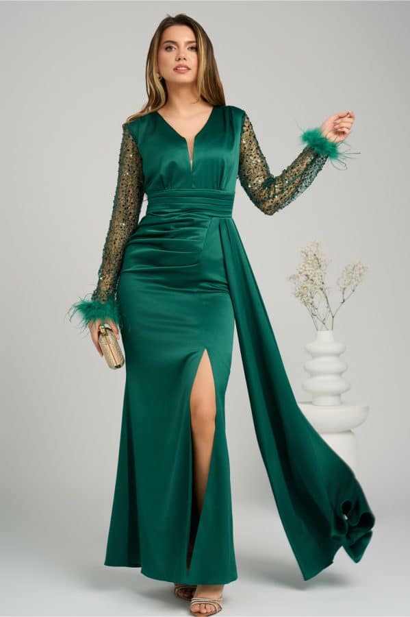 rochie lunga eleganta din tafta verde cu paiete si pene pe maneci 1357322 1100039 4 jpeg